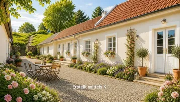 Idyllischer Außenbereich mit Kiesweg, blühenden Blumenbeeten und gemütlicher Sitzecke vor dem Haus.