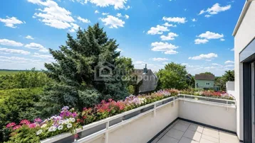 Geräumiger Balkon mit Blumenkästen und weitem Blick ins Grüne unter blauem Himmel.