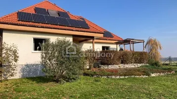 Einfamilienhaus mit rotem Ziegeldach, Solaranlage und einem gepflegten Gartenbereich unter blauem Himmel.