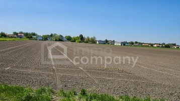 Weites Feld mit grüner Wiese im Vordergrund und Häusern in der Ferne unter blauem Himmel.