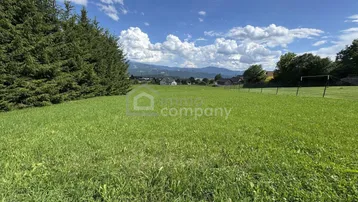 Weitläufige grüne Wiese mit hohen Bäumen, umgeben von einer ländlichen Landschaft und Bergblick.