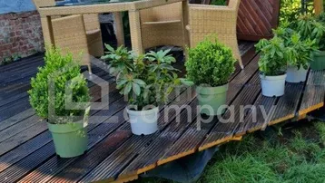 Gemütliche Terrasse mit Holzboden und Gartenmöbeln, umgeben von grünen Pflanzen und Sichtschutz.