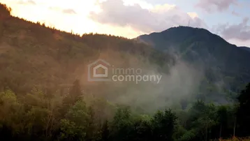 Malerische Berglandschaft bei Sonnenuntergang mit Nebelschwaden über den bewaldeten Hängen.