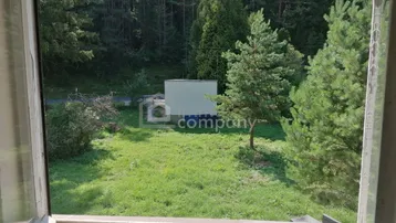 Blick aus einem Fenster auf eine grüne Wiese mit Bäumen und einem kleinen Gebäude im Hintergrund.