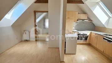 Offener Wohn- und Essbereich im Dachgeschoss mit integrierter Küche, Holzbalken und Dachfenstern.