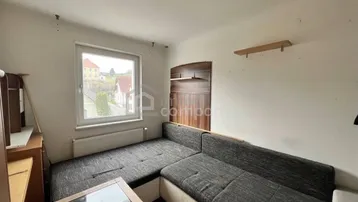 Gemütlicher Wohnbereich mit Schlafsofa, Holzboden und einem Fenster mit Ausblick.