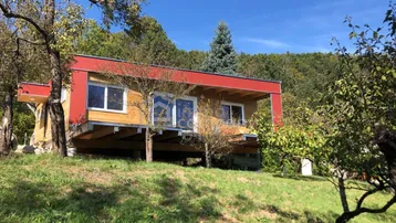 Modernes Holzhaus mit rotem Dach auf einem grünen Hügel, umgeben von Bäumen unter blauem Himmel.