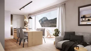 Heller Wohn-Essbereich mit offener Küche, Holzboden und großem Fenster mit Bergblick.