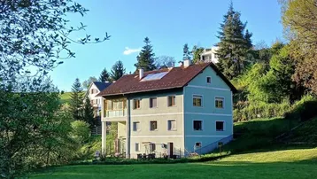 Grünes Haus mit rotem Dach in ländlicher Umgebung, umgeben von Bäumen und Wiesen unter blauem Himmel.