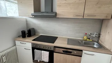 Moderne Einbauküche mit Holzfronten, Kochfeld, Backofen und Spülmaschine.