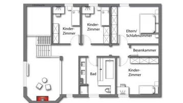 Grundriss des Obergeschosses mit drei Kinderzimmern, einem Elternschlafzimmer und einem Badezimmer.
