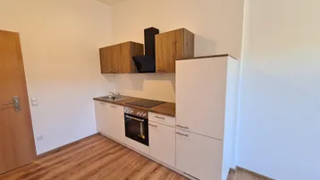 Moderne Küchenzeile mit Holzakzenten, integriertem Backofen und Dunstabzugshaube in einem hellen Raum.