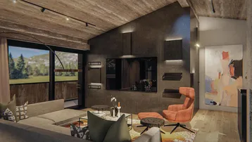 Gemütliches Wohnzimmer mit Holzbalkendecke, großem Sofa und Blick auf die Berge.