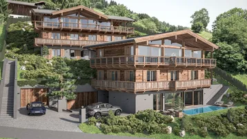 Visualisierung eines luxuriösen Chalets mit Pool, Garage und Bergblick in alpiner Umgebung.
