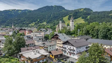Panoramablick auf die Stadt mit traditionellen Gebäuden und majestätischen Bergen im Hintergrund.
