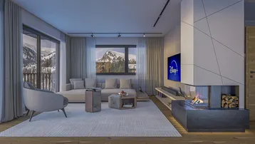 Modernes Wohnzimmer mit Kamin, großen Fenstern und Zugang zum Balkon mit Bergblick.