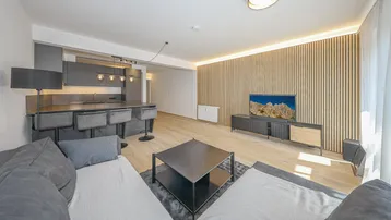 Moderner offener Wohnbereich mit integrierter Küche, Holzwandverkleidung und gemütlichem Sofa.