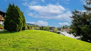 Grüner Hügel mit Blick auf die umliegende Wohnsiedlung und die Alpenlandschaft unter blauem Himmel.