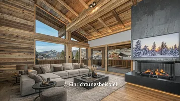 Geräumiges Wohnzimmer mit Holzbalkendecke, Kamin und großen Fenstern mit Bergblick.