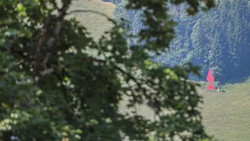 Grüne Hügellandschaft mit Wald und einem markanten roten Kunstwerk in der Ferne.