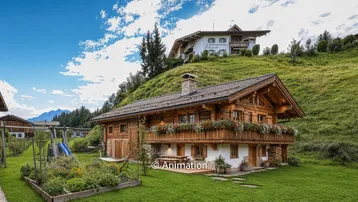 Traditionelles Holzhaus im alpinen Stil mit gepflegtem Garten, Spielplatz und Bergblick.