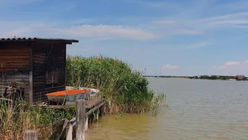 Kleine Holzhütte am Seeufer, umgeben von Schilf, mit einem Boot am Steg.