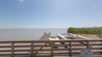 Langer Holzsteg führt über das ruhige Wasser eines Sees, umgeben von Schilf unter blauem Himmel.