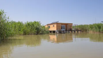 Holzhaus auf Stelzen im Wasser, umgeben von Schilf unter blauem Himmel.