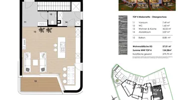 Grundriss des Obergeschosses einer Maisonette-Wohnung mit offenem Wohn- und Küchenbereich sowie Balkonzugang.