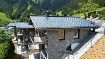 Moderne Chalets mit Steinfassade und Metall-Dach in alpiner Berglandschaft, umgeben von grünen Hängen.