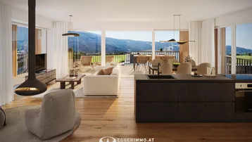 Lichtdurchfluteter offener Wohn-Essbereich mit moderner Küche, Kamin und Zugang zur Terrasse mit Bergblick.