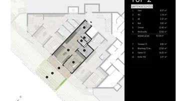 Detaillierter Grundriss des Gartengeschosses mit Wohnfläche und Außenbereichen.