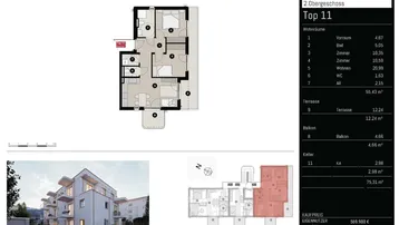 Detaillierter Grundriss der Wohnung Top 11 im 2. Obergeschoss mit Balkon und Terrasse.