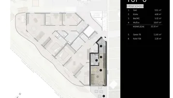 Grundriss des Erdgeschosses mit offenem Wohnbereich, Küche, Bad und Zugang zum Garten.