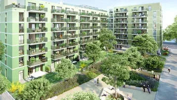 Moderne Wohnanlage mit grüner Fassade, zahlreichen Balkonen und gepflegten Grünflächen.