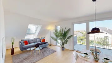 Helles Wohn- und Esszimmer im Dachgeschoss mit Zugang zur Terrasse und Blick ins Grüne.