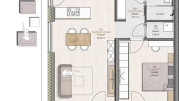 Grundrissvariante für eine Erdgeschosswohnung mit offenem Wohn-Essbereich und Terrasse.
