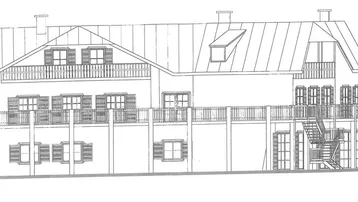 Architektonische Zeichnung der Nordfassade eines Gebäudes mit mehreren Balkonen, Fenstern und traditionellen Fensterläden.