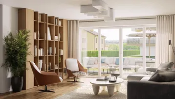 Modernes Wohnzimmer mit Holzboden, großem Bücherregal und Zugang zu einer Außenterrasse.