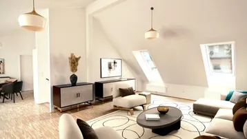 Helles Wohnzimmer mit Dachschrägen, modernem Mobiliar und Parkettboden, offen zum Essbereich.