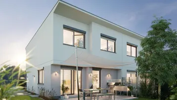 Moderne Doppelhaushälfte mit Terrasse, Garten und Außenbereich für entspannte Stunden im Freien.