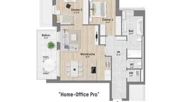 Grundriss einer modernen Wohnung mit offenem Wohnbereich, zwei Schlafzimmern, Bad und Balkon.