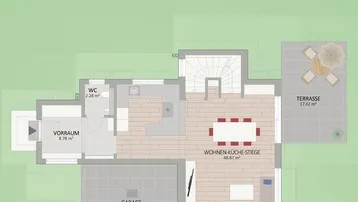 Grundriss des Erdgeschosses mit offenem Wohn- und Küchenbereich, separatem WC und großer Terrasse.