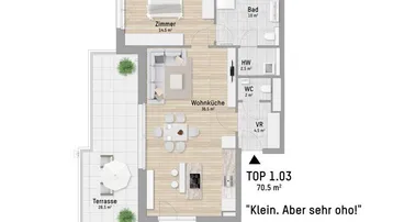 Grundriss einer modernen Wohnung mit offenem Wohn-Essbereich, einem Schlafzimmer, Bad und einer großen Terrasse.