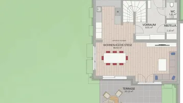 Grundriss des Erdgeschosses mit offenem Wohn-Koch-Essbereich, Gäste-WC und großer Terrasse.