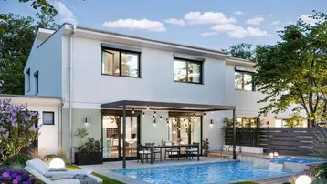 Moderne Doppelhaushälfte mit privatem Pool, Sonnenterrasse und Gartenbereich für entspannte Stunden im Freien.