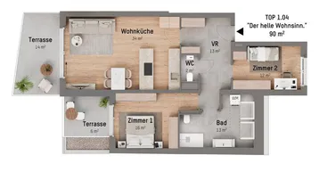 Detaillierter Grundriss der Wohnung TOP 1.04 mit Wohnküche, zwei Schlafzimmern und zwei Terrassen.