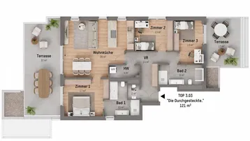 Detaillierter Grundriss einer Wohnung mit mehreren Zimmern, zwei Terrassen und offener Wohnküche.