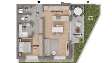 Detaillierter Grundriss mit offener Wohnküche, Schlafzimmer, Bad, WC, Terrasse und Garten.