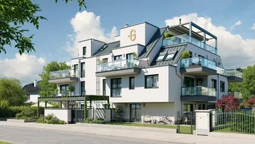Moderne Wohnanlage mit gestuften Balkonen und Dachterrassen, umgeben von Grünflächen unter blauem Himmel.